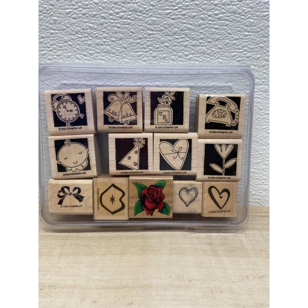 Set Of 13 Mixed Brands Wood Mounted Rubber Stamps